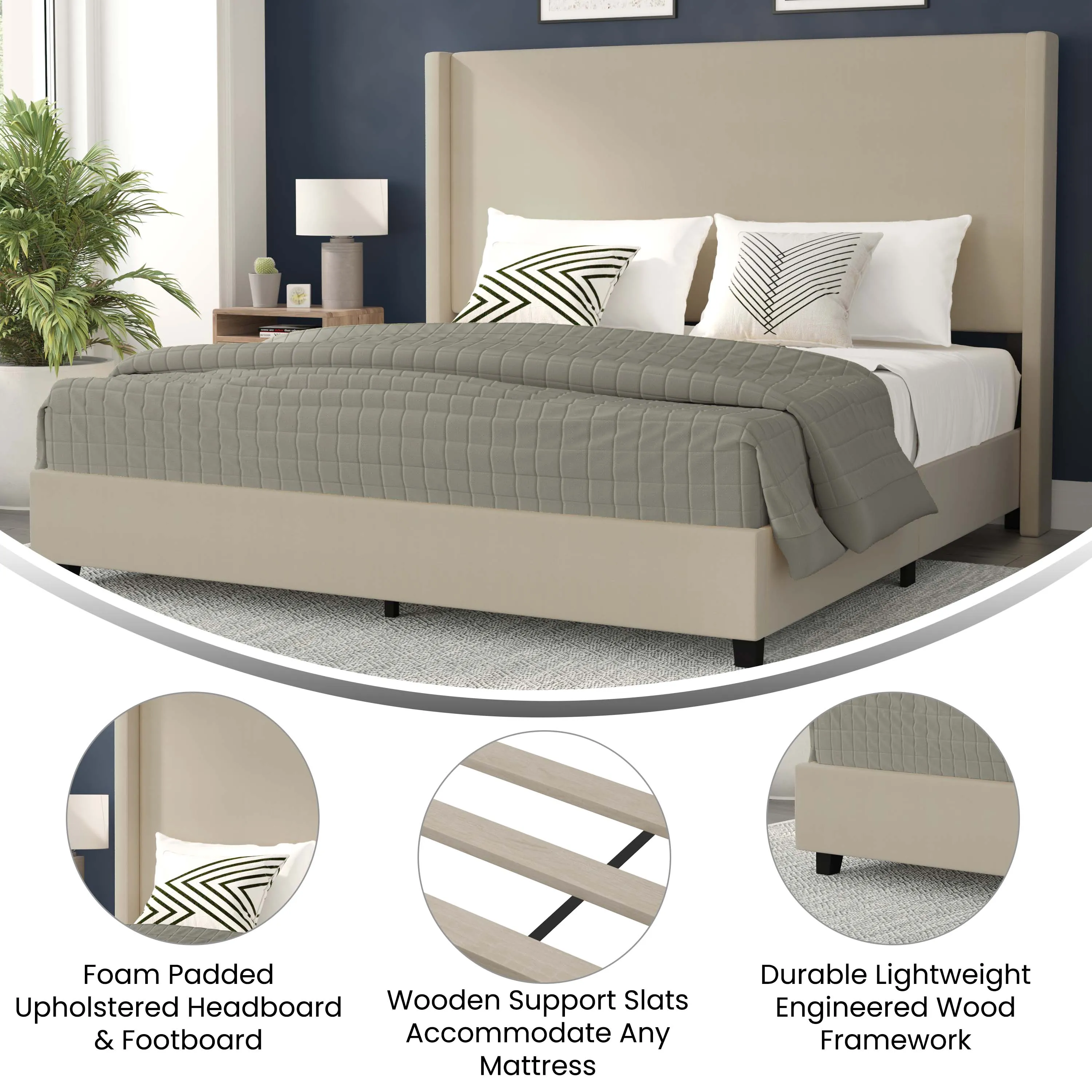 Beige King Size Platform Bed YK-1077-BEIGE-K-GG