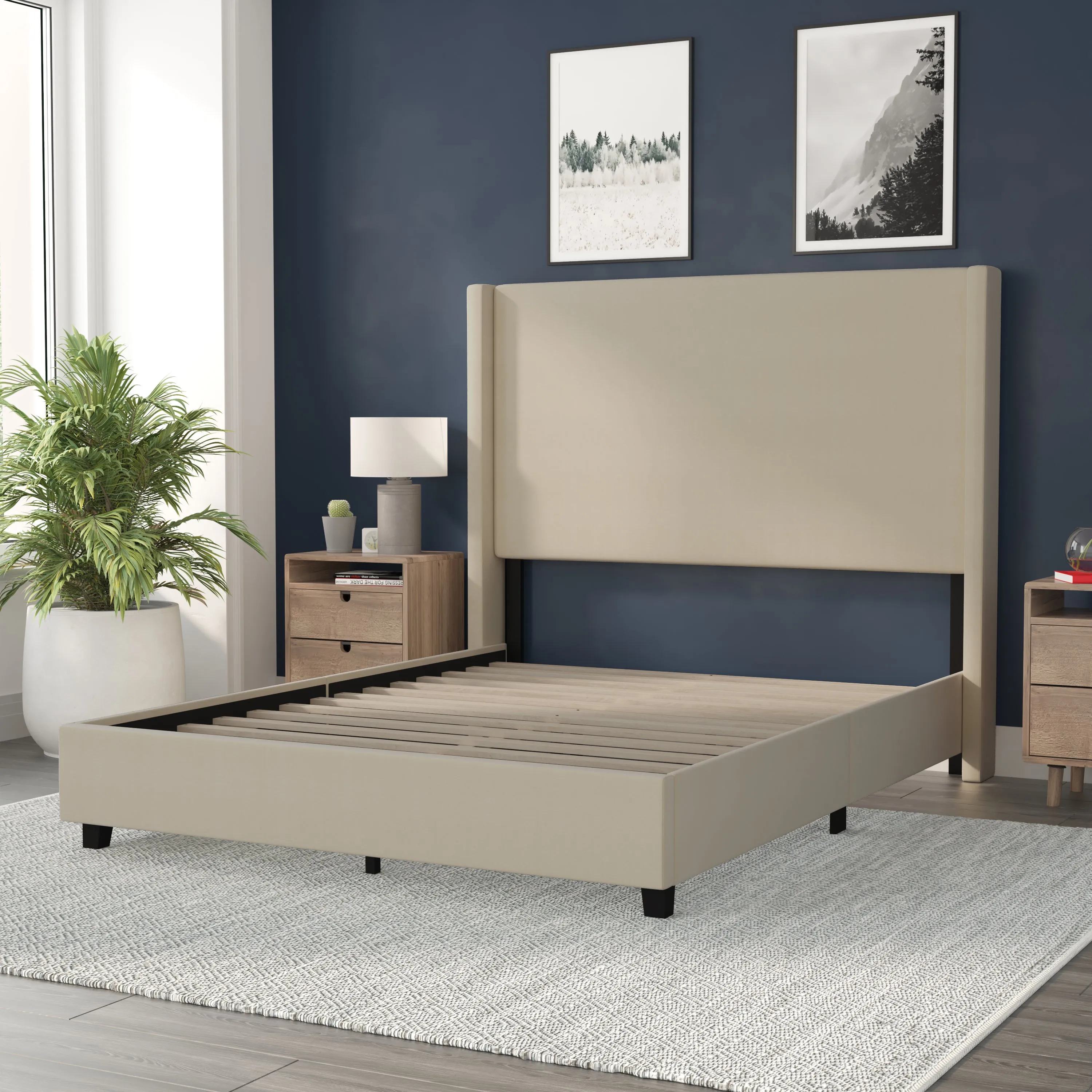 Beige Queen Size Platform Bed YK-1077-BEIGE-Q-GG