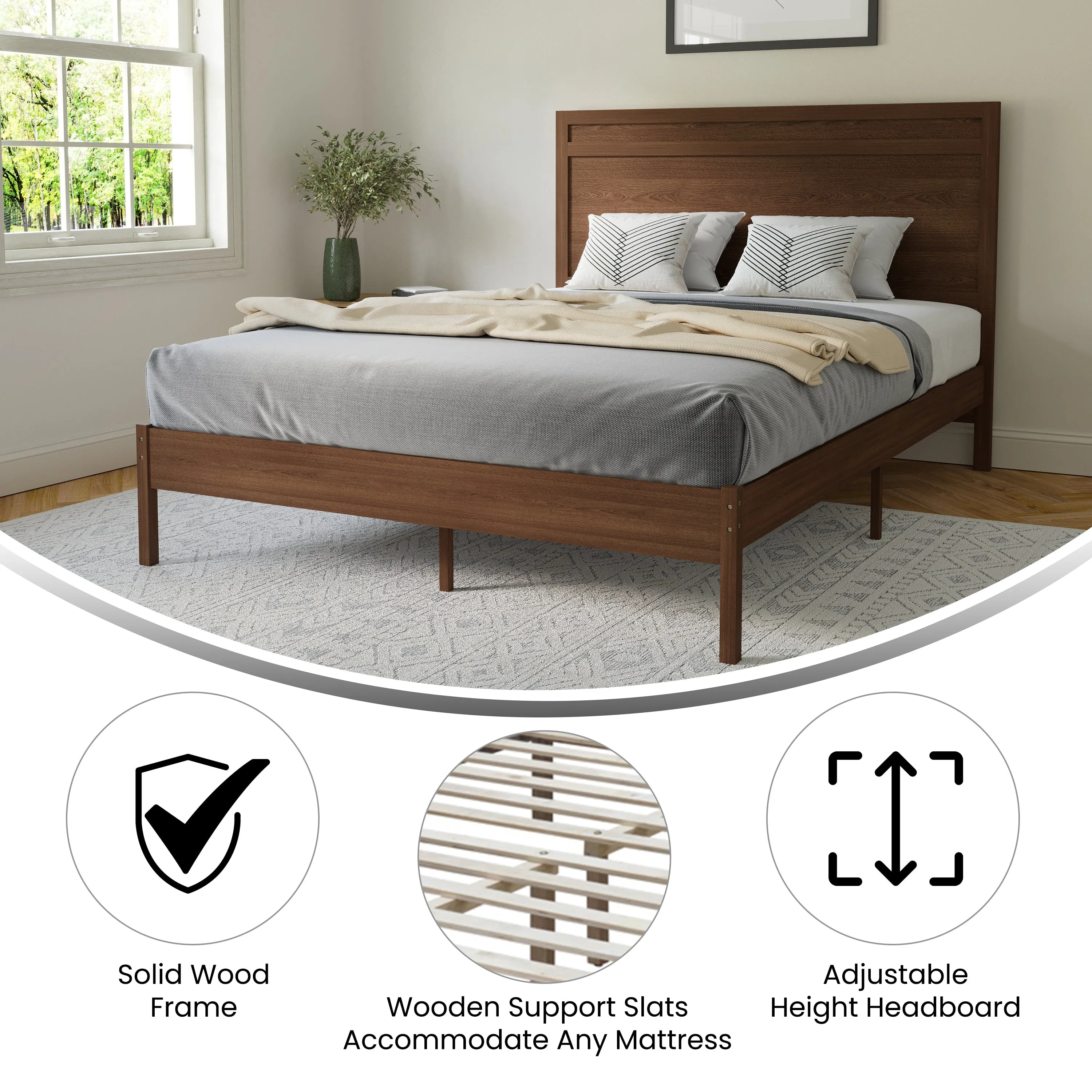 Brown Queen Wood Platform Bed MG-09003QB-Q-BRN-GG