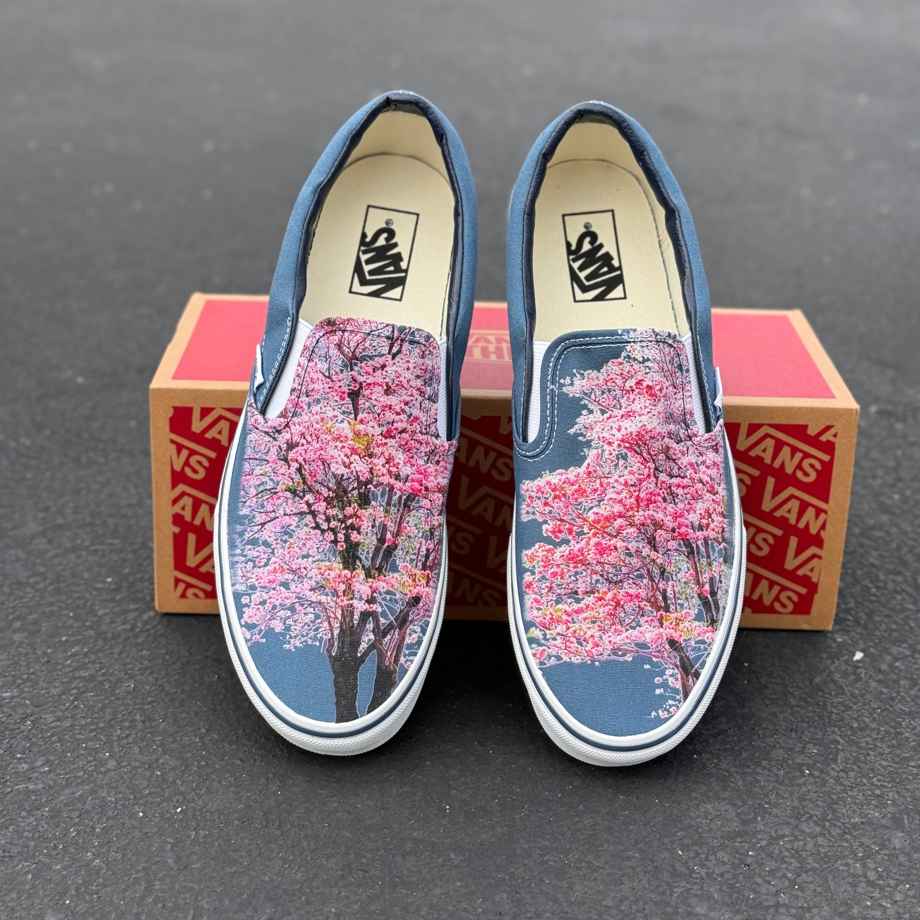 Cherry Blossoms on Custom Navy Slip On Vans Shoes for Women and Men