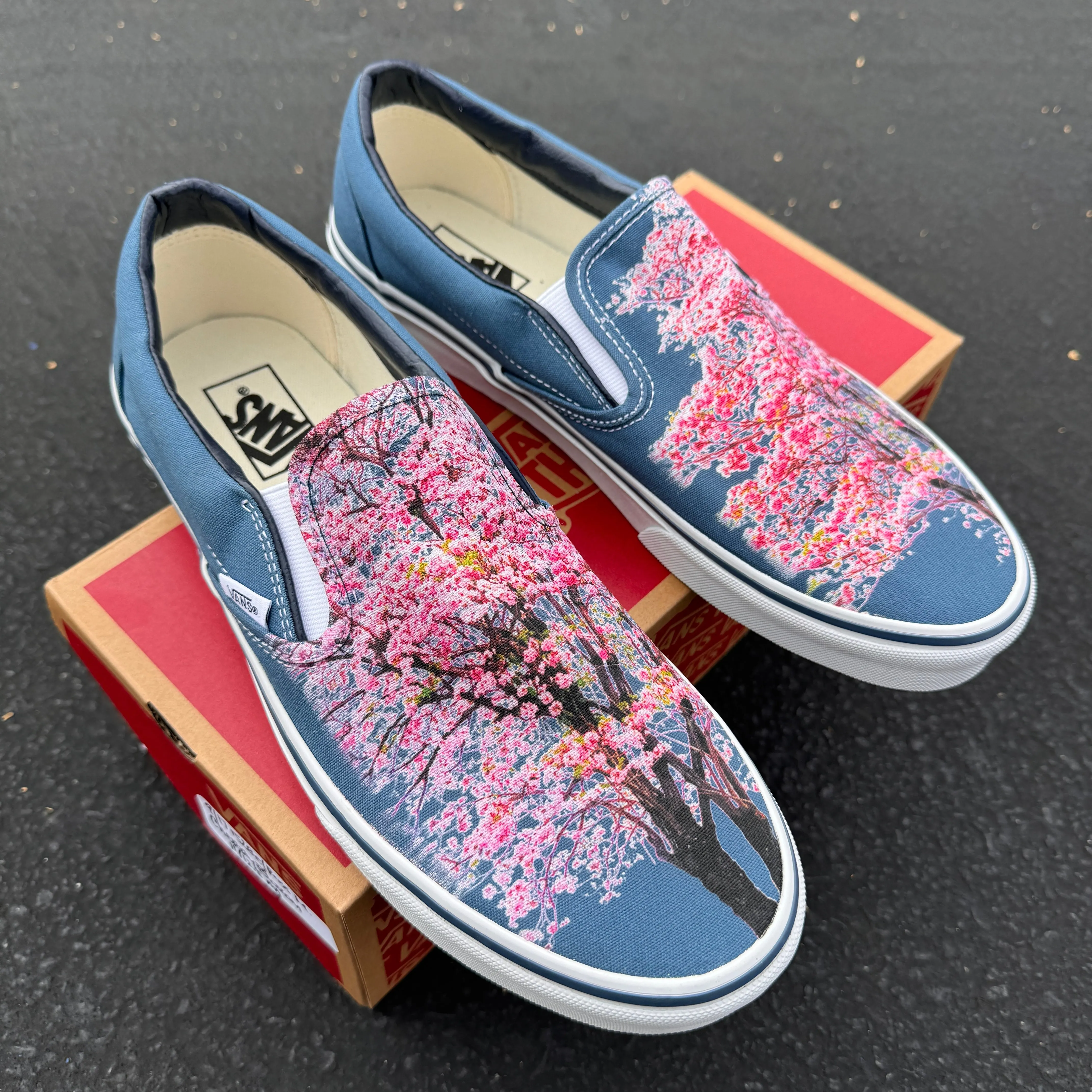 Cherry Blossoms on Custom Navy Slip On Vans Shoes for Women and Men