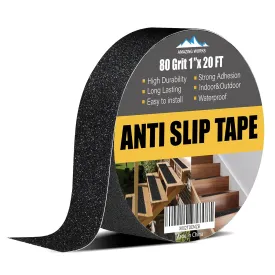 Grip Tape - Heavy Duty Anti Slip Tape 80 Grit Non Slip for Stairs Outdoor/Indoor, Waterproof High Traction Stairs Non Skid Treads, Durable Triple Layer Adhesive - Black (1 Inch x 20 Feet)