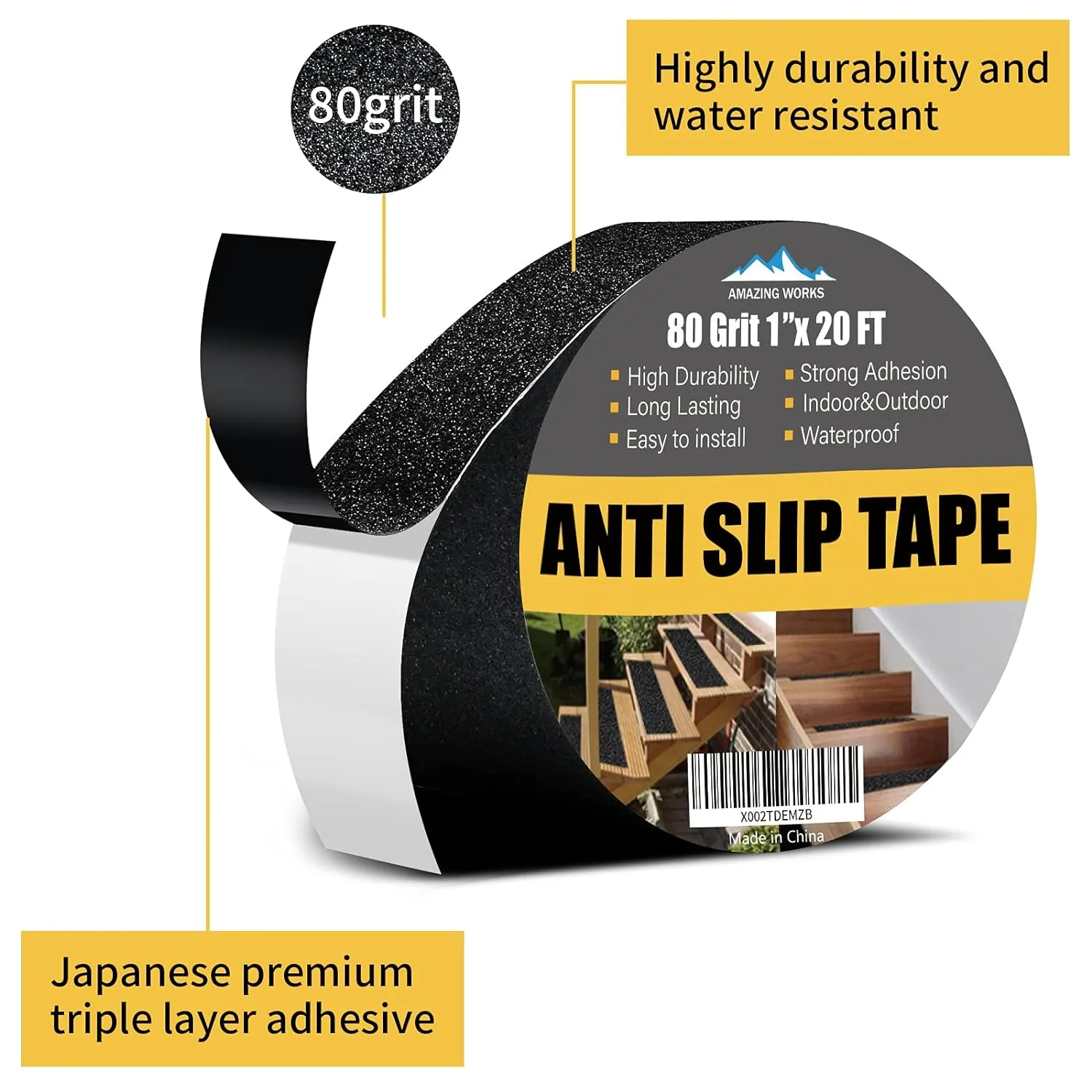 Grip Tape - Heavy Duty Anti Slip Tape 80 Grit Non Slip for Stairs Outdoor/Indoor, Waterproof High Traction Stairs Non Skid Treads, Durable Triple Layer Adhesive - Black (1 Inch x 20 Feet)