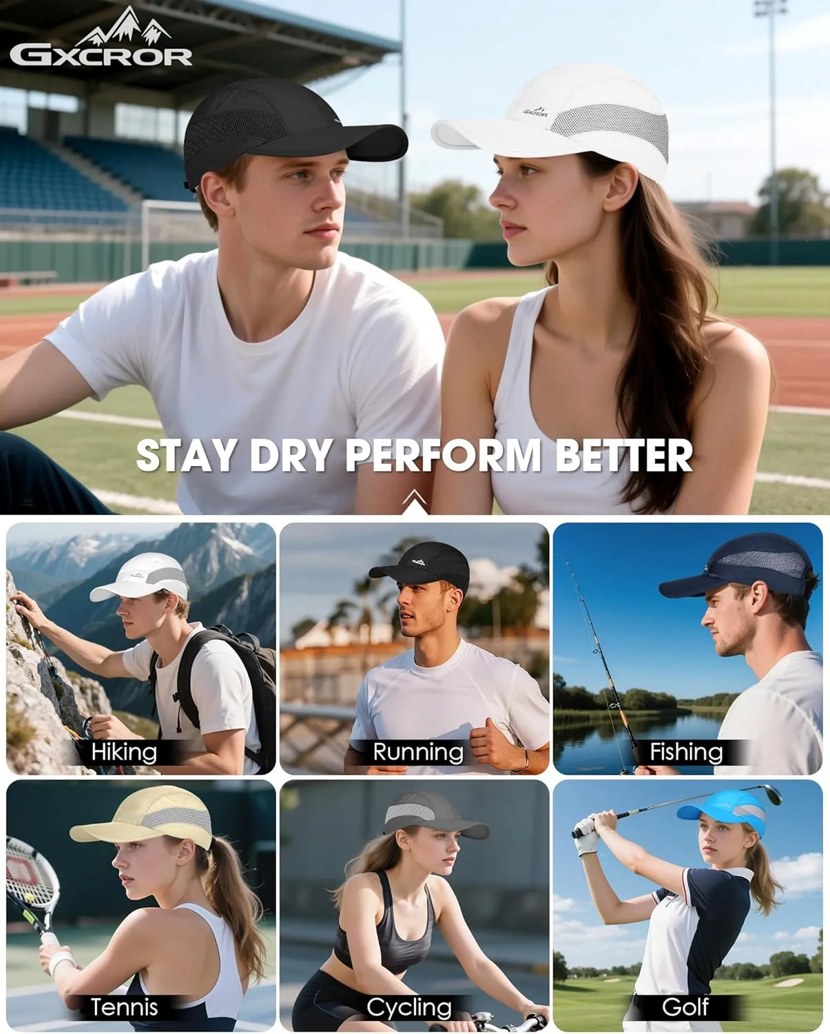 GXCROR Running Hat for Men Women Quick-Dry Baseball Cap UPF50  with Breathable Mesh, Adjustable Hook & Loop for Outdoor