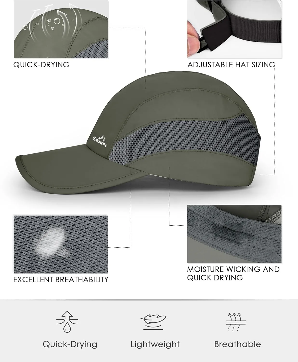 GXCROR Running Hat for Men Women Quick-Dry Baseball Cap UPF50  with Breathable Mesh, Adjustable Hook & Loop for Outdoor