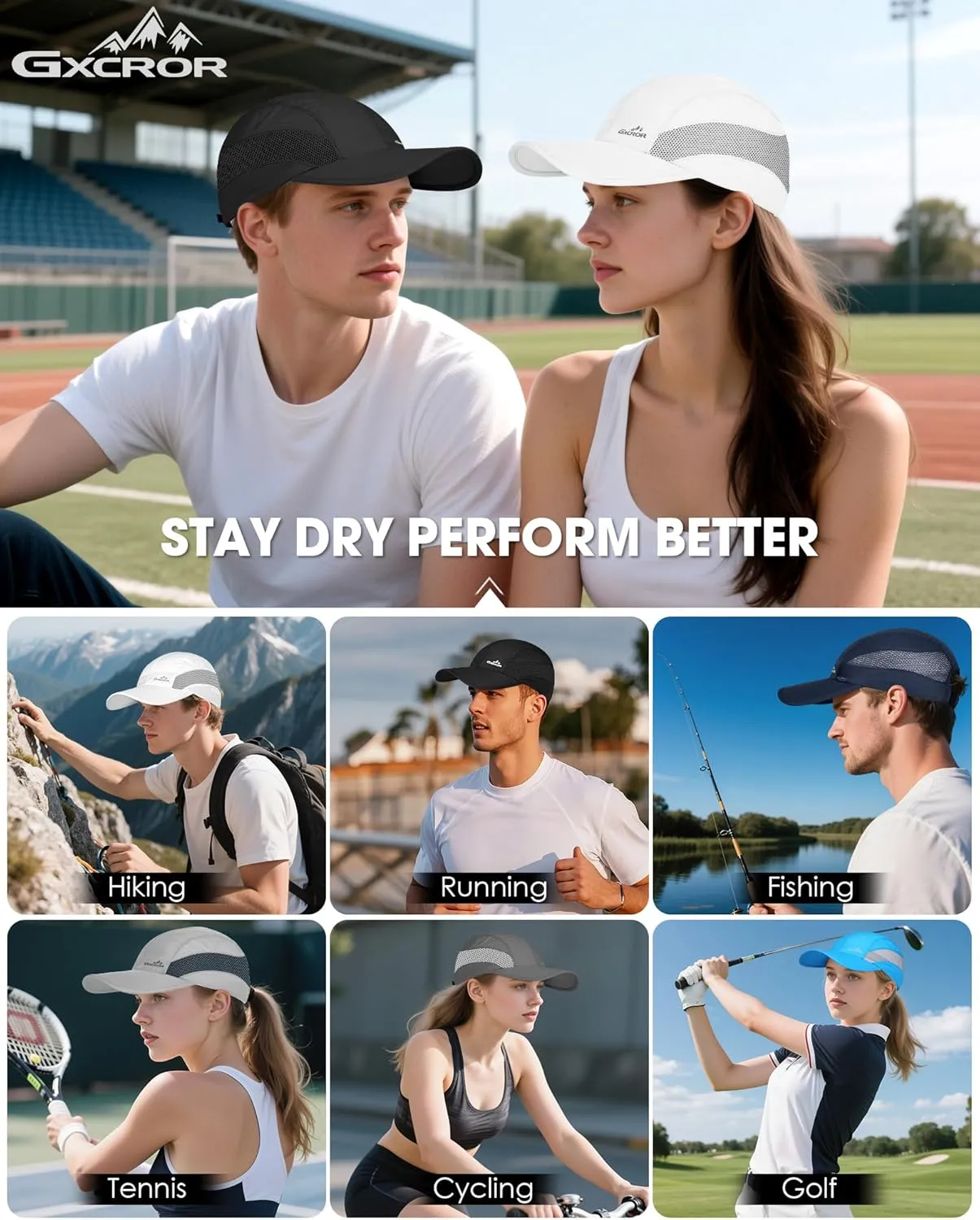 GXCROR Running Hat for Men Women Quick-Dry Baseball Cap UPF50  with Breathable Mesh, Adjustable Hook & Loop for Outdoor