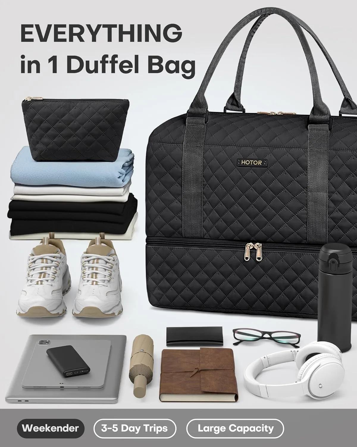 HOTOR Travel Duffel Bag - Weekender Bags for Women, Carry On Overnight Bag with Shoe Compartment, with Toiletry Bag for Travel Essentials and Travel Accessories, Black, 13.4"??17.3"??7.9"