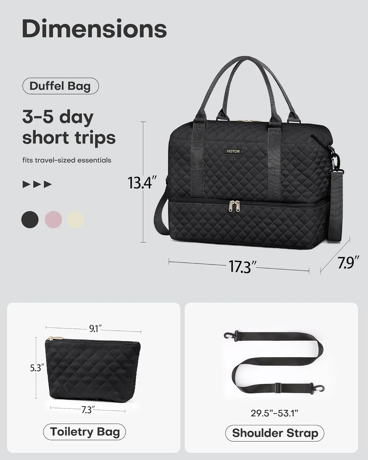HOTOR Travel Duffel Bag - Weekender Bags for Women, Carry On Overnight Bag with Shoe Compartment, with Toiletry Bag for Travel Essentials and Travel Accessories, Black, 13.4"??17.3"??7.9"