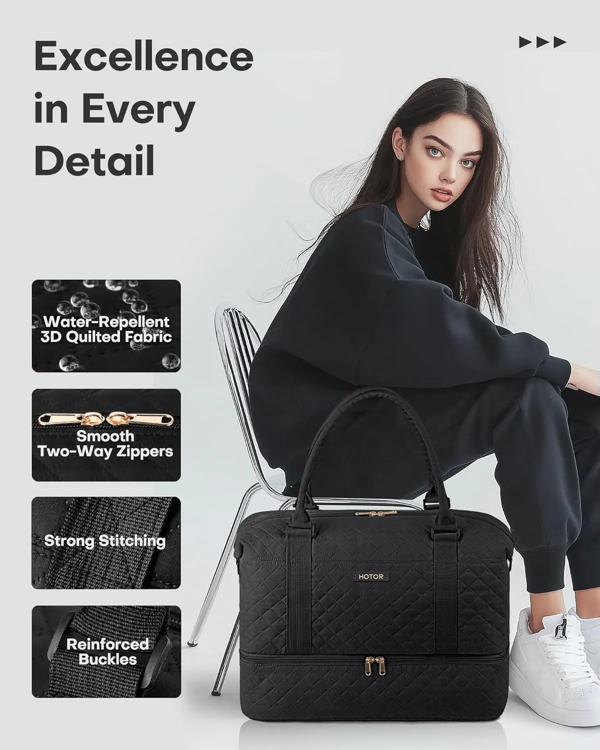 HOTOR Travel Duffel Bag - Weekender Bags for Women, Carry On Overnight Bag with Shoe Compartment, with Toiletry Bag for Travel Essentials and Travel Accessories, Black, 13.4"??17.3"??7.9"