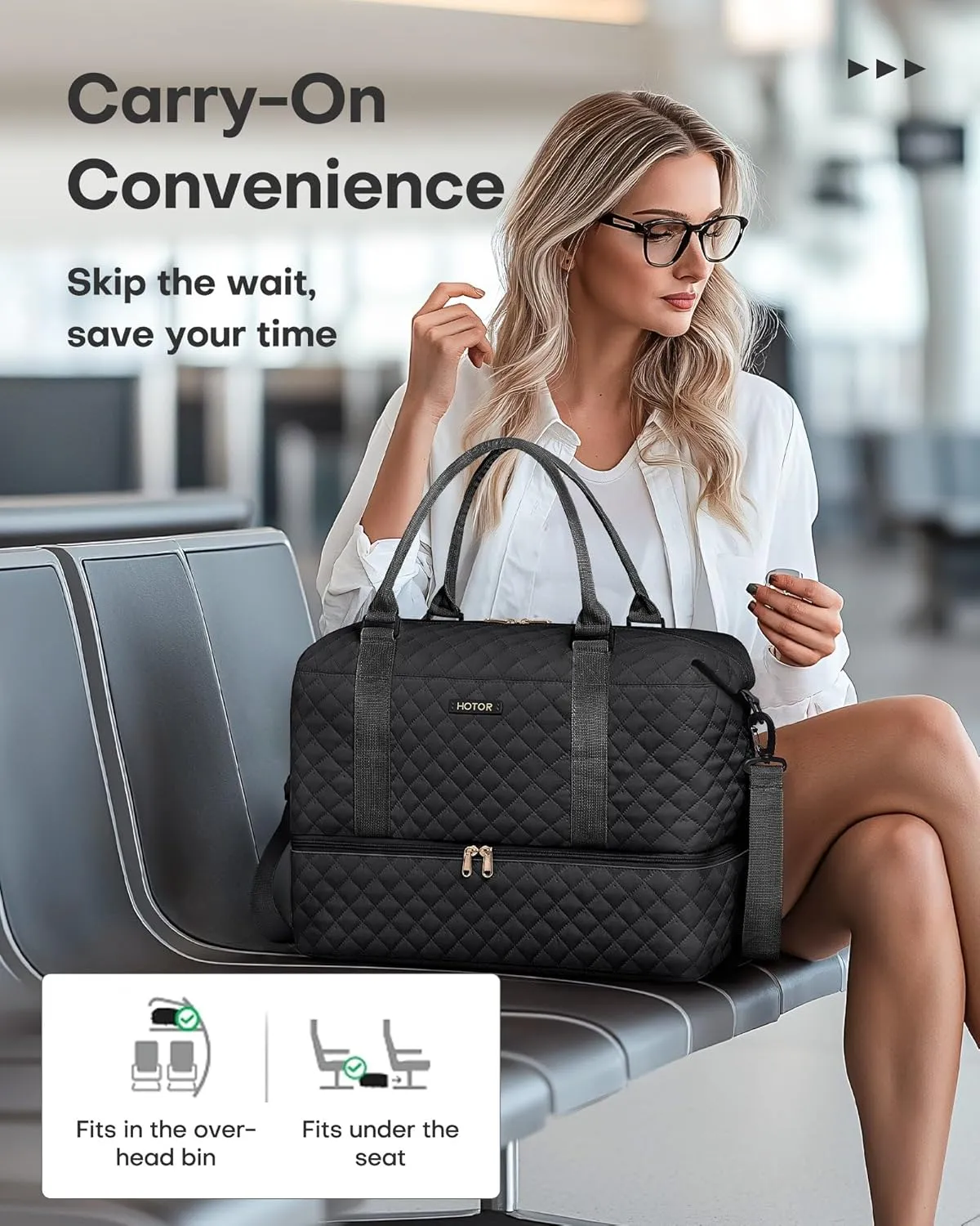 HOTOR Travel Duffel Bag - Weekender Bags for Women, Carry On Overnight Bag with Shoe Compartment, with Toiletry Bag for Travel Essentials and Travel Accessories, Black, 13.4"??17.3"??7.9"