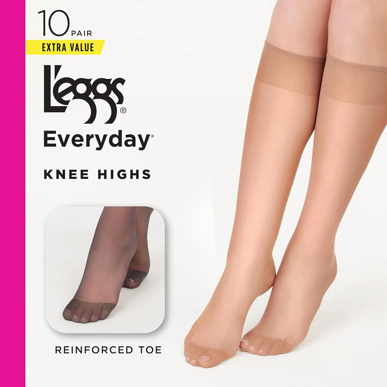 L'eggs Everyday Knee High Stockings, Reinforced Toe, 100% Nylon