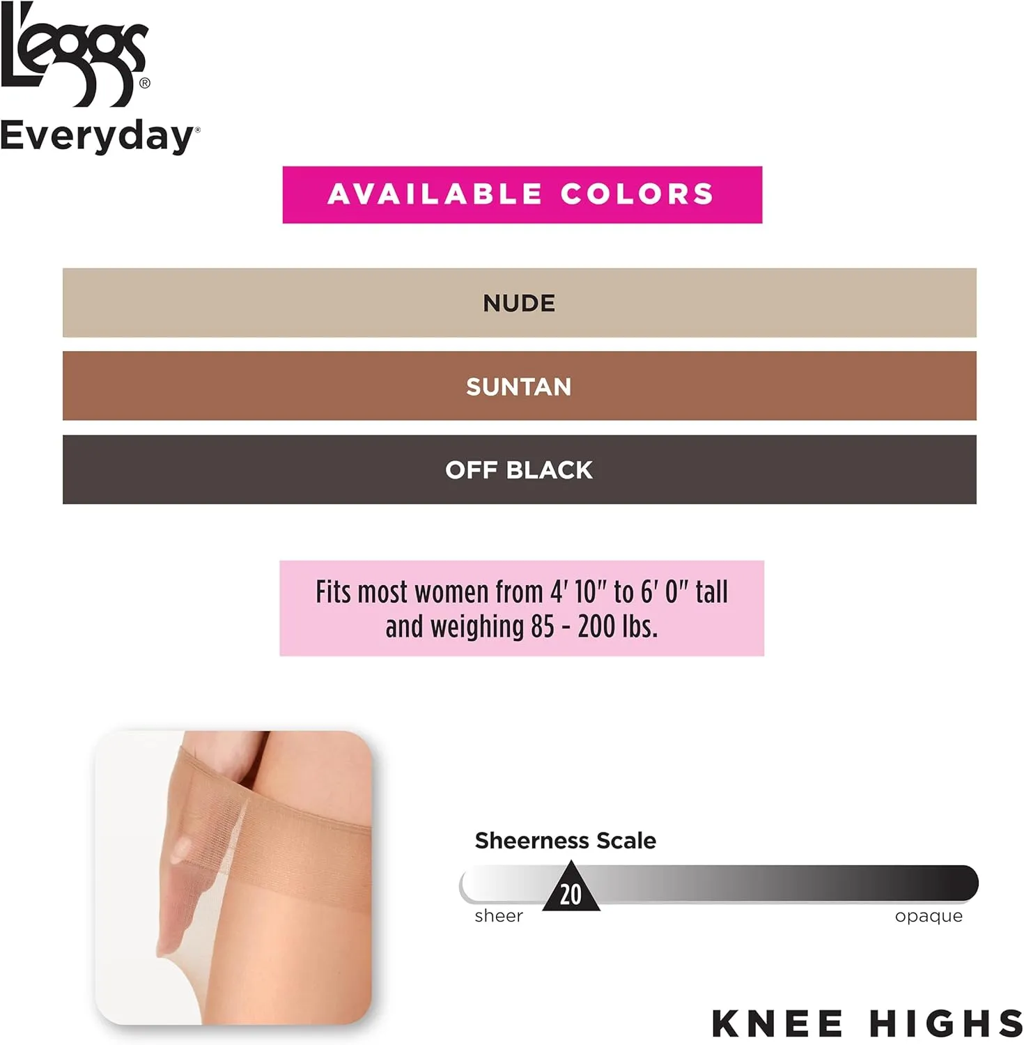 L'eggs Everyday Knee High Stockings, Reinforced Toe, 100% Nylon