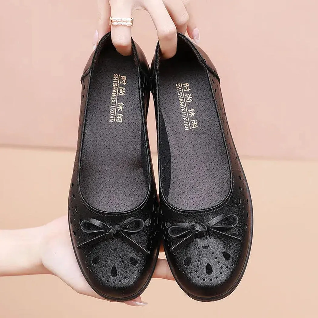 Merendy Semplicità Round toe Slip-on leather black ballerina shoes burgundy Open-work ballet flats