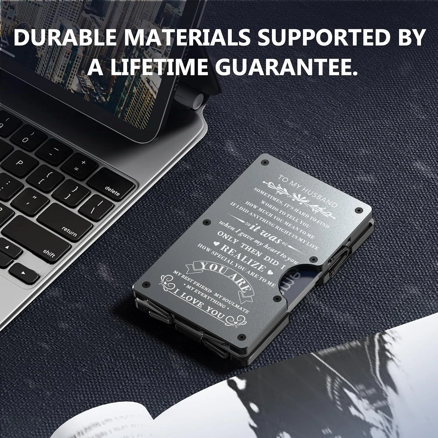 Minimalist Aluminum Wallet for Husband from Wife, Front Pocket Card Holder, Slim RFID Blocking Metal Money Clip, Mens Personalized Engraved Gifts for Anniversary Christmas Birthday Valentines