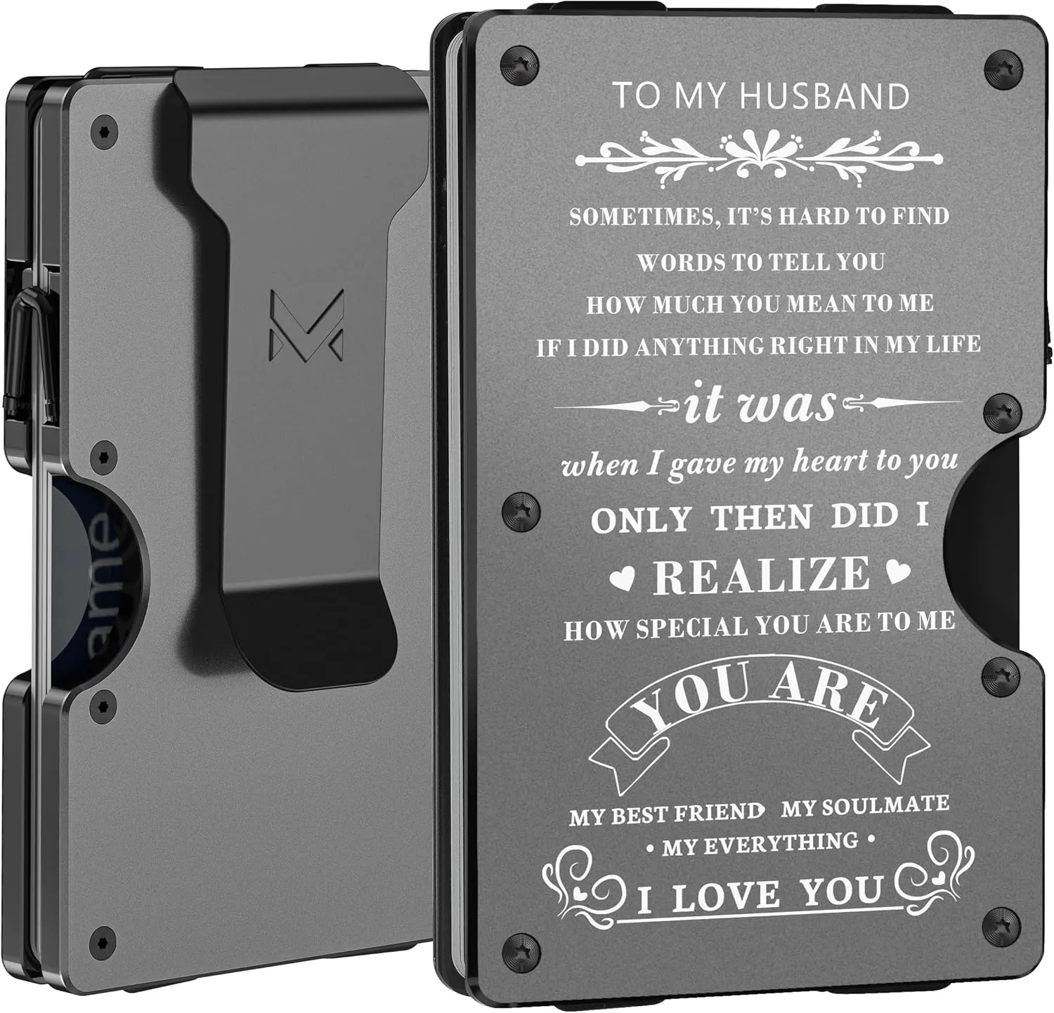Minimalist Aluminum Wallet for Husband from Wife, Front Pocket Card Holder, Slim RFID Blocking Metal Money Clip, Mens Personalized Engraved Gifts for Anniversary Christmas Birthday Valentines