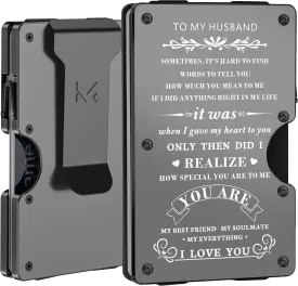 Minimalist Aluminum Wallet for Husband from Wife, Front Pocket Card Holder, Slim RFID Blocking Metal Money Clip, Mens Personalized Engraved Gifts for Anniversary Christmas Birthday Valentines