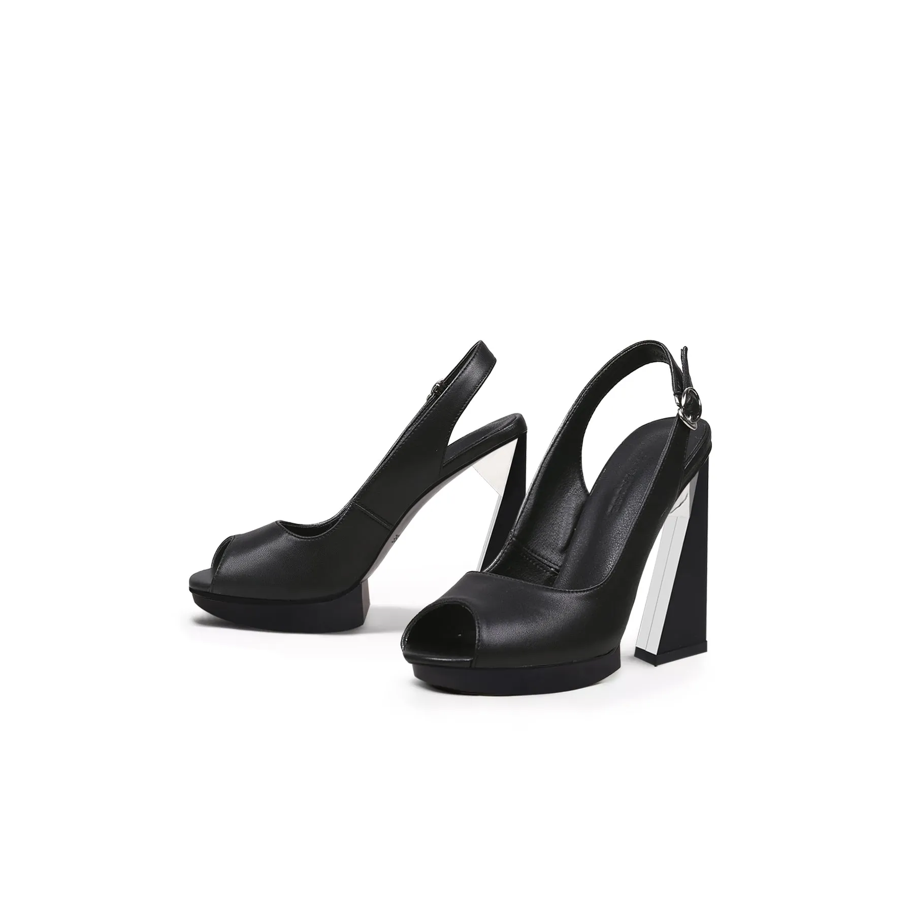 Open-Toe Slingback Geometric Skyscraper Heels