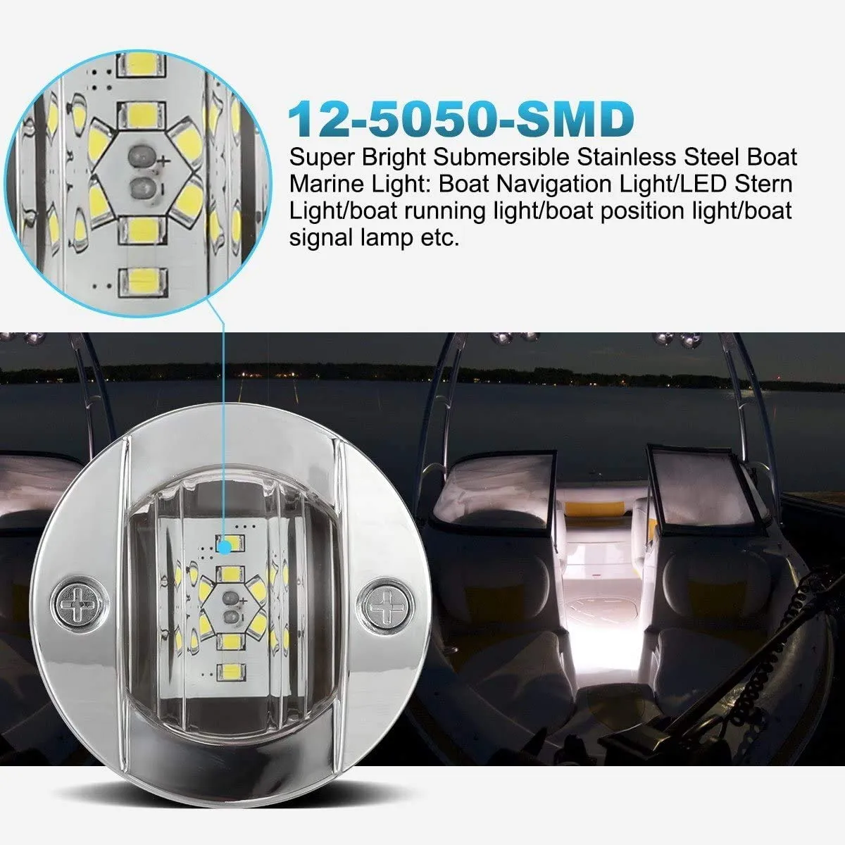 Partsam 3" Round Chrome Boat Marine LED Transom Mount Stern Lights