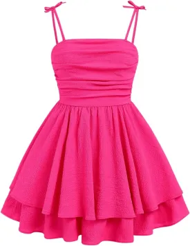 SHENHE Girl's Smocked Ruched A Line Swing Dress Layered Tie Shoulder Flowy Cami Dress