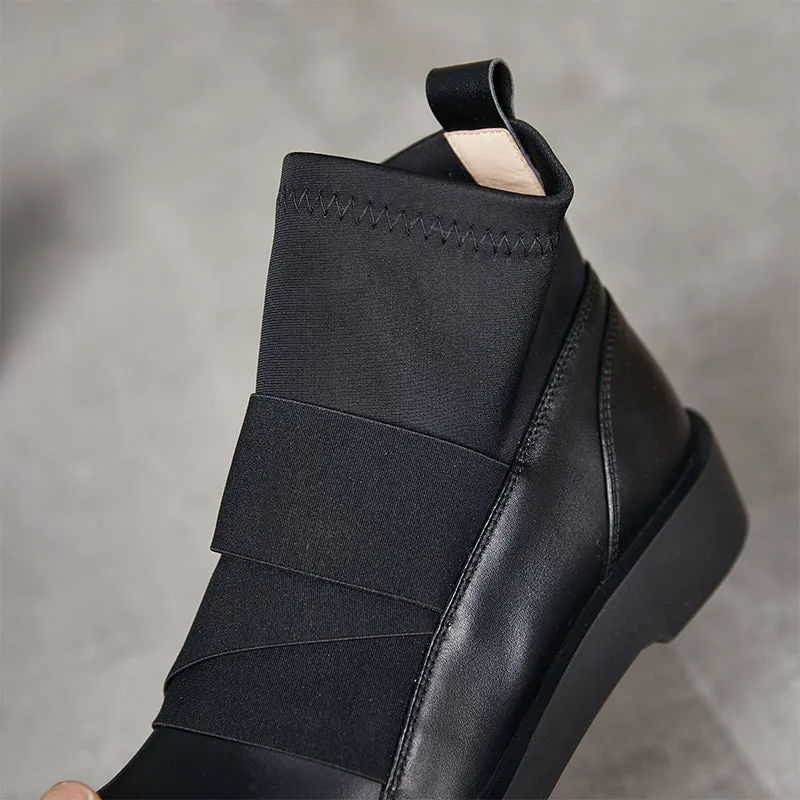 Soft Leather Flat Boots Elastic Band Ankle Boots Designer Stretch Boots in Brown/Black