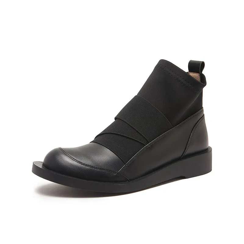 Soft Leather Flat Boots Elastic Band Ankle Boots Designer Stretch Boots in Brown/Black
