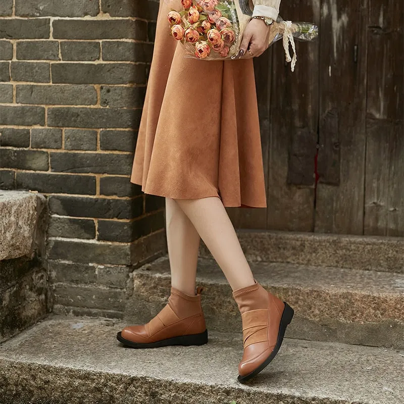 Soft Leather Flat Boots Elastic Band Ankle Boots Designer Stretch Boots in Brown/Black