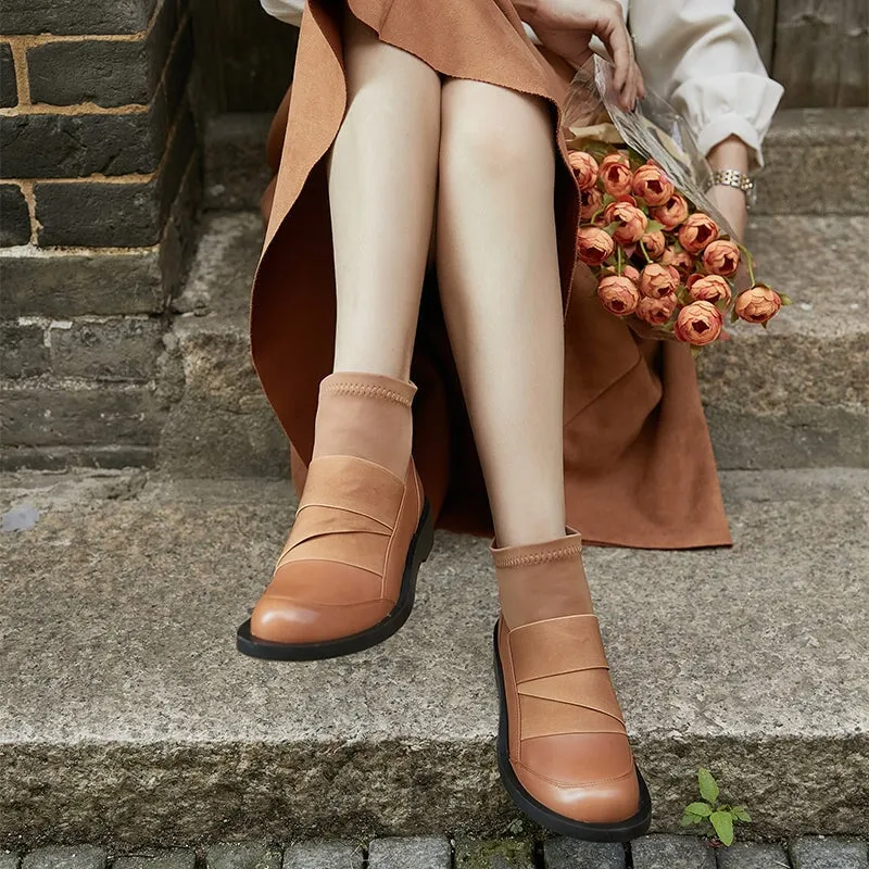 Soft Leather Flat Boots Elastic Band Ankle Boots Designer Stretch Boots in Brown/Black