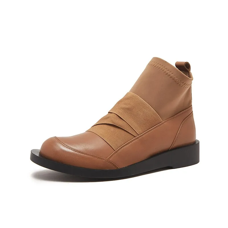 Soft Leather Flat Boots Elastic Band Ankle Boots Designer Stretch Boots in Brown/Black