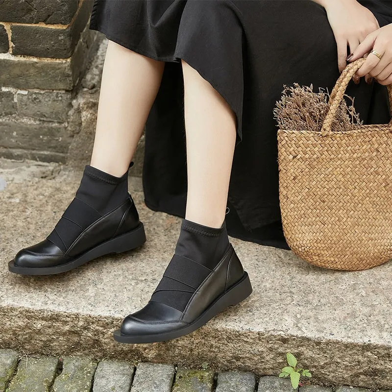 Soft Leather Flat Boots Elastic Band Ankle Boots Designer Stretch Boots in Brown/Black