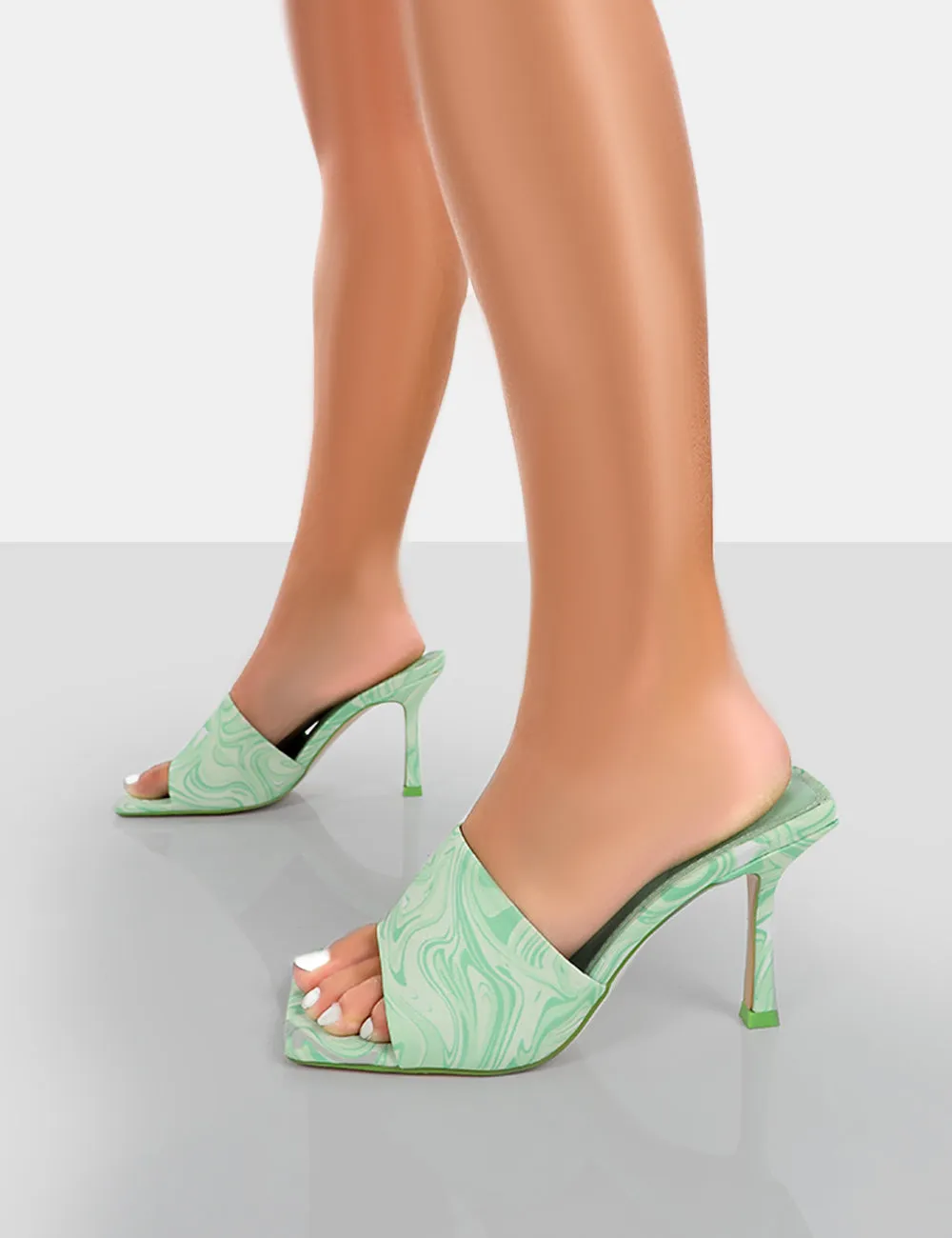 Swirl Green Print Square Toe Heeled Mules