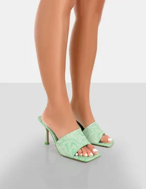 Swirl Green Print Square Toe Heeled Mules